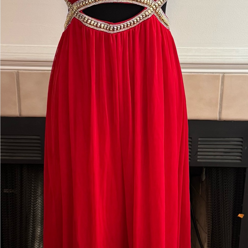 Speechless Red Formal Dress with Lace Bodice and “Crystal” Peek-a-Boo Accents